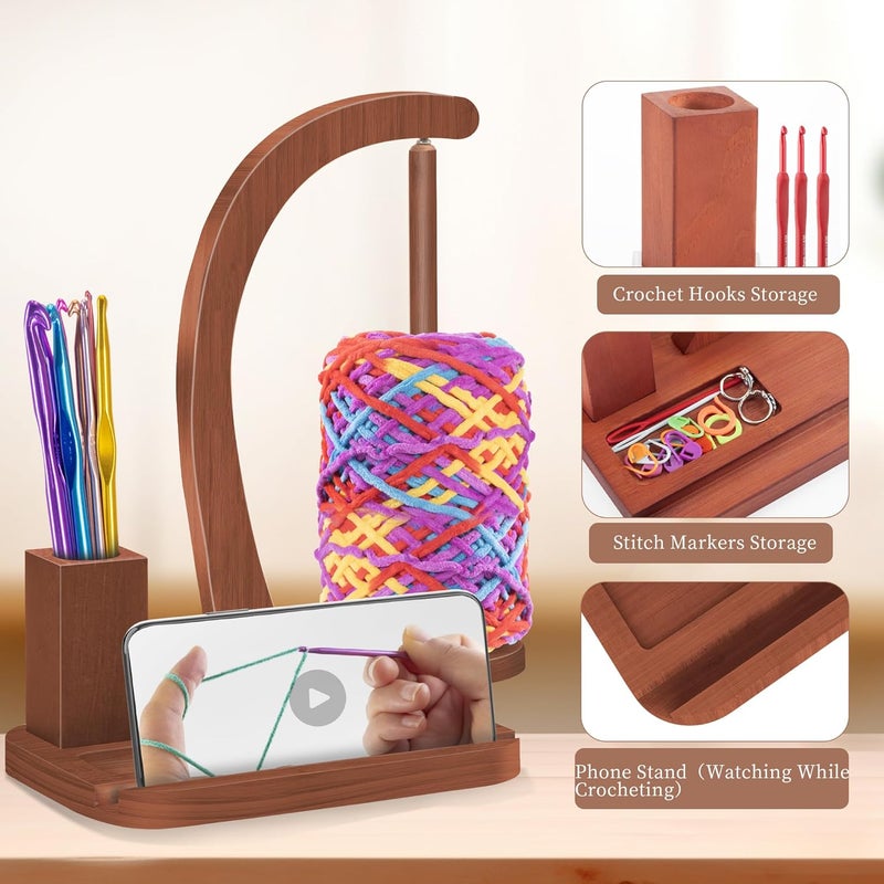 FOGWOWO Upgraded Yarn Holder for Crocheting,Wooden Crochet Yarn Holder Magnetic Rotation Yarn Spinner with Crochet Accessories Storage and Phone Stand,Yarn Ball Holder Crochet Gift for Knitting Lovers - Image 2